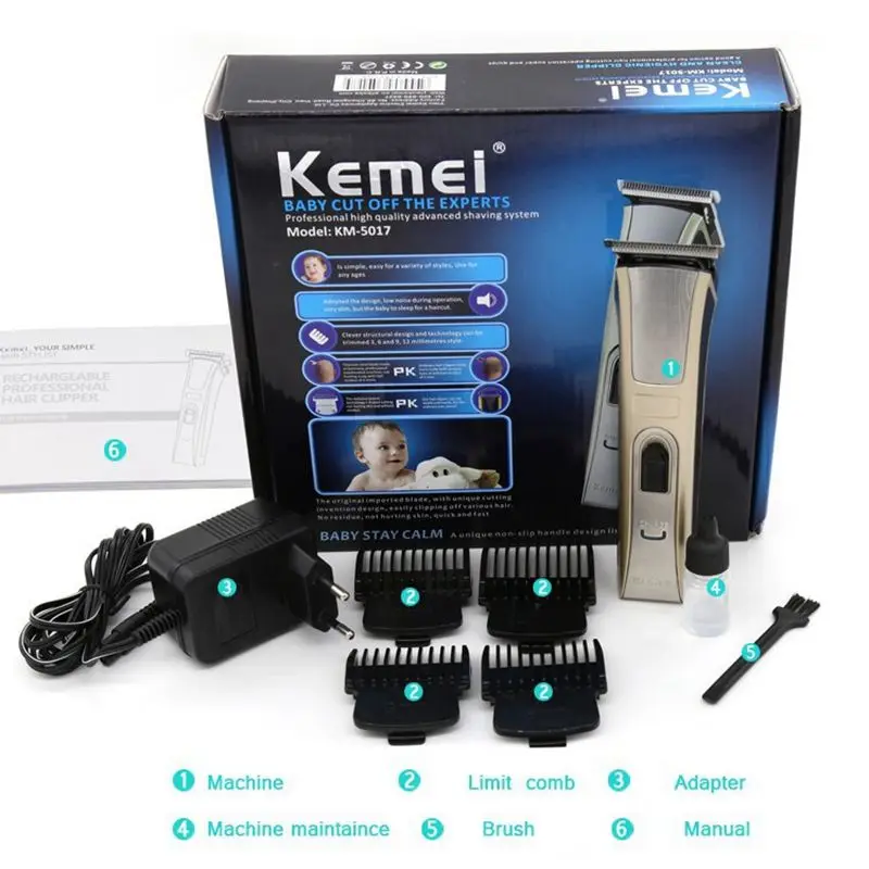 Kemei KM-5017, водонепроницаемая, высокая мощность, перезаряжаемая машинка для стрижки волос, электрическая машинка для стрижки волос для детей, триммер для волос, бесшумная Парикмахерская