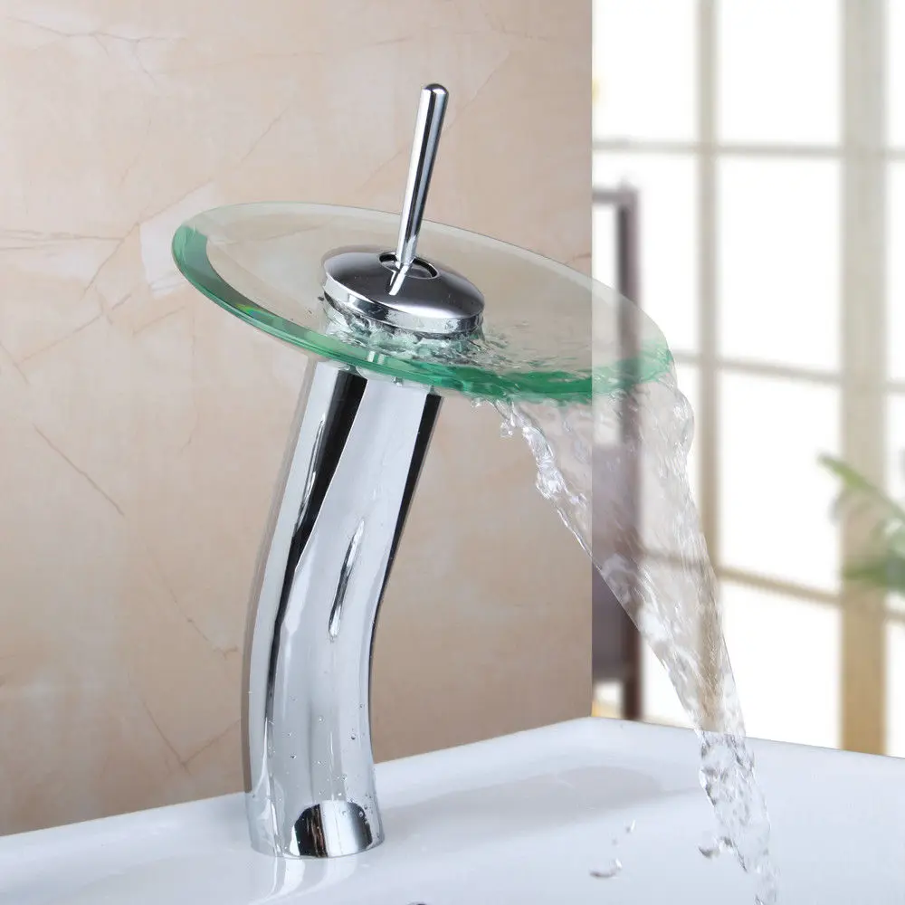 Bathroom Sink Tap Mixer Faucet Chrome Brass Tempered Glass Waterfall Faucet 