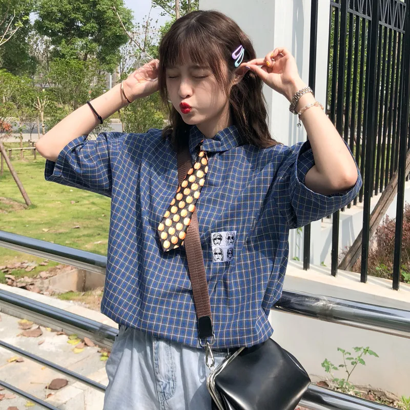 2 цвета Mihoshop Ulzzang Корейская женская модная одежда летняя с отворотом в клетку