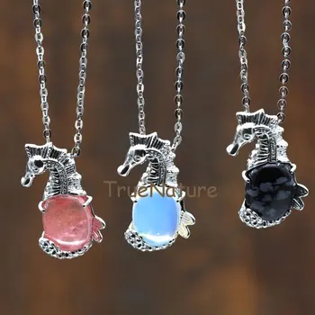 

Silver Finish Carved Seahorse Pendant Necklace Healing Stone Pave Charm, Oval Seahorse Statement Necklace In 18 Inch NM7835