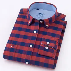 Высокое качество Для Мужчин's Рубашки для мальчиков с длинным рукавом Повседневное Slim-Fit Cotton Oxford плед/в полоску Для мужчин платье рубашка