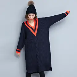 Juniature 2019 зимние Новые повседневные корейские длинные Свободные Лоскутные вязанные женские свитера с v-образным вырезом с длинным рукавом с