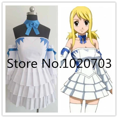 Fairy Tail Season 4 Lucy Heartfilia Dress Cosplay Costume Full Set in Stock  dress Sexy Low Back girls White Skirt