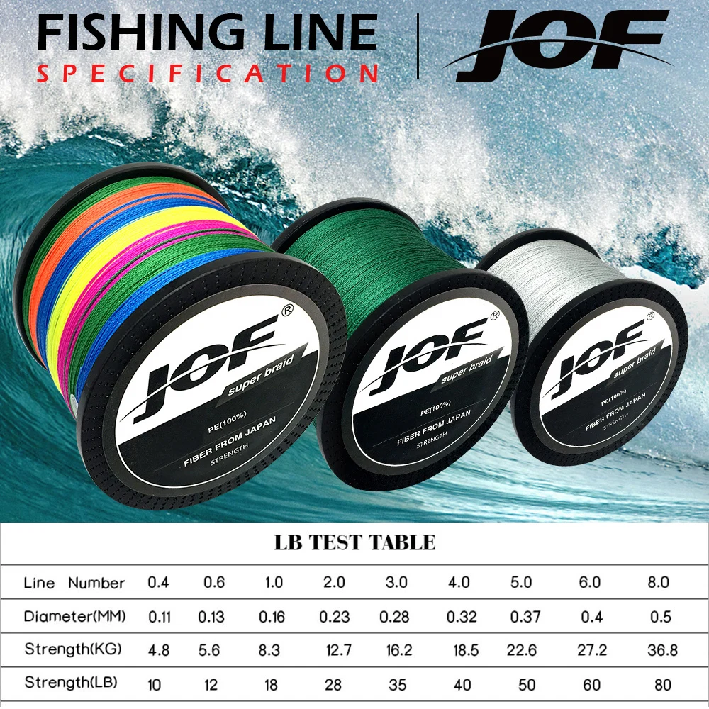 JOF PE Braided Fishing Line Fluorescent Yellow Multifilament Fishing Cord Strong 4 Strands 100M 150M 300M 500M 1000M