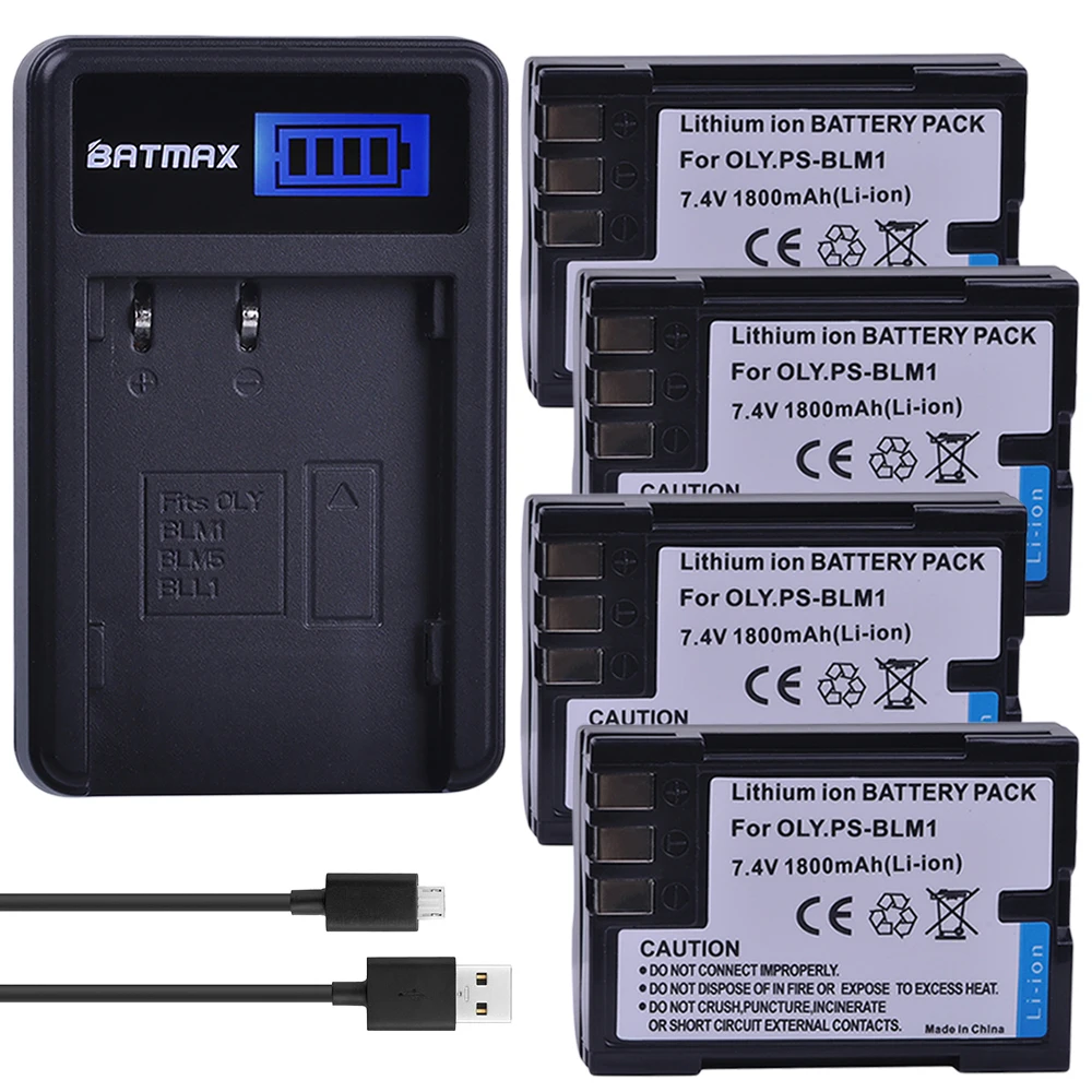 

4Pcs 1800mAh PSBLM1 BLM1 BLM-1 Battery Accu+ LCD USB Charger for Olympus C-5060 C-7070 C-8080 E-30 E-300 E-330 E-500 E-510 E-520