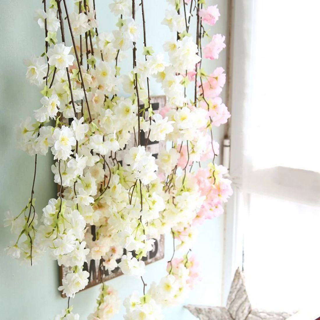 

135cm Cherry Blossoms Rattan Sakura Art Wedding Decoration Vine Artificial Flowers Party Window Wall Hanging Garland Wreath