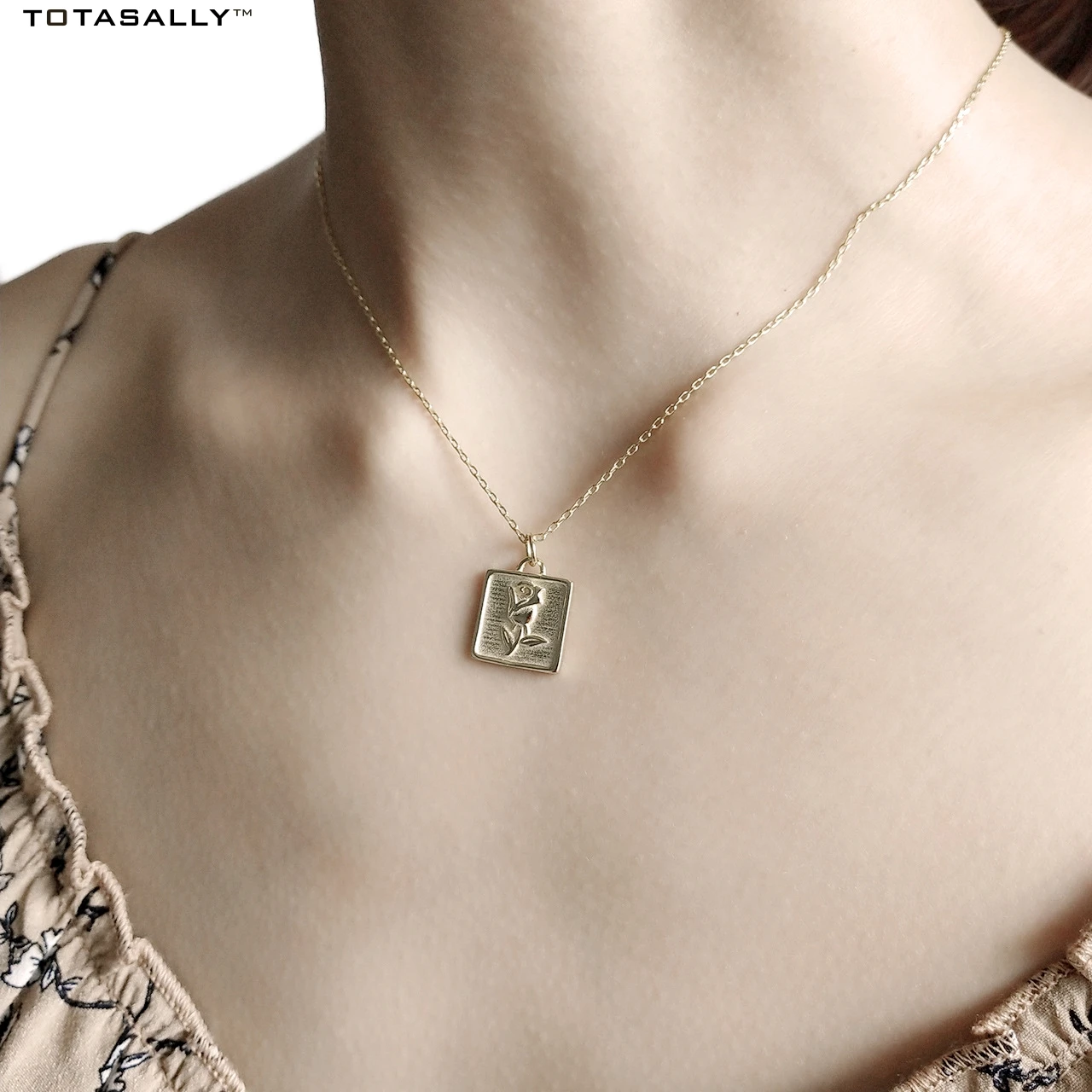 

TOTASALLY 100% S925 Sterling Silver elegant design square gold color rose carved medallion Pendant necklace For Women