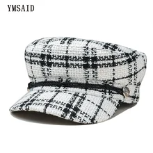 Модная шерстяная решетка козырек темно-синяя шапка, сезон осень-зима винтажный лоскутный берет для женщин английская теплая плоская кепка Женская