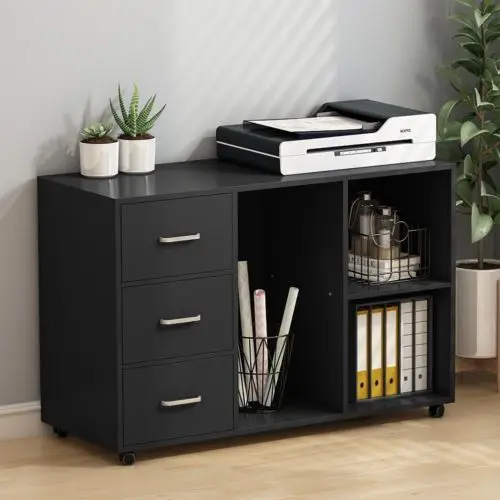 Wood Large Modern 3 Drawer File Cabinets With Open Storage Shelves
