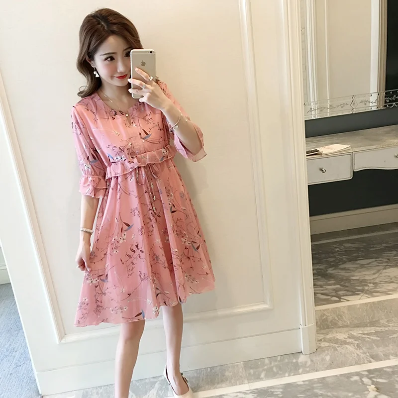 

New maternity dress printed chiffon skirt chiffon shirt Korean fashion loose pregnancy road dress