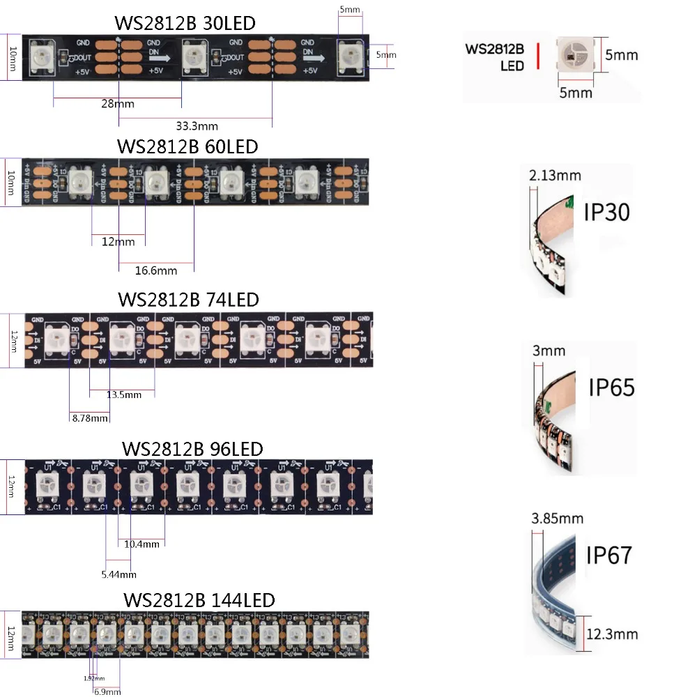 1 м/4 м/5 м WS2812B WS2812 светодиодные полосы, 30/60/74/96/144 Пиксели/светодиодов/м индивидуально адресуемых Smart WS2812 IC цветных(RGB) светодиодных лент DC5V