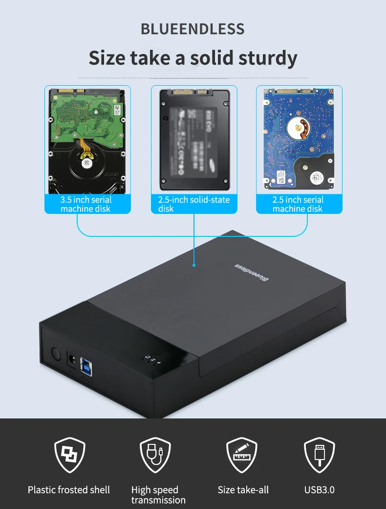 Blueendless-Caixa de plástico externo, Sata para USB