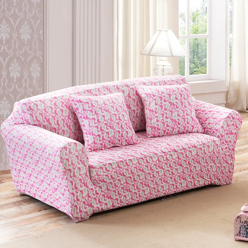 Pink heart pattern print stretch sofa cover elastic corner