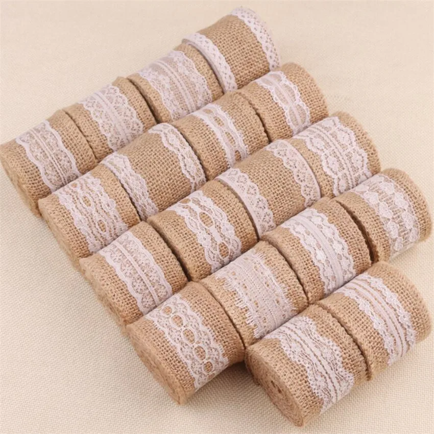 

2M/roll Natural Jute Burlap Rolls Hessian Ribbon With Lace 5cm Vintage Rustic Wedding Decoration Ornament Burlap Christmas Party