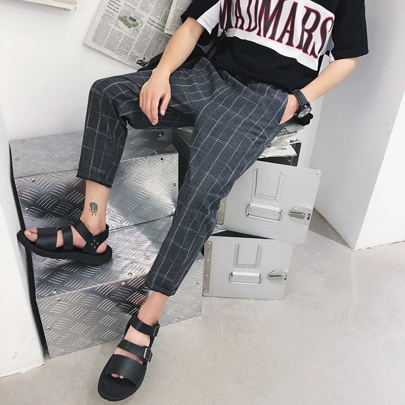 Fashionable Casual Men's Pencil Pants Summer Autumn New M-3XL Plaid Slim Harem Pants Grey Navy Personality Popular Youth