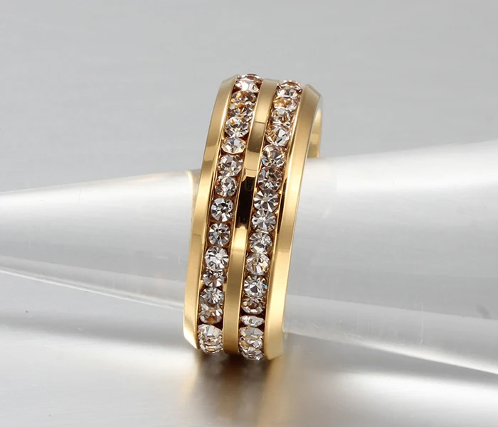 YINHED никогда не выцветает кольцо из нержавеющей стали золотого цвета модные ювелирные изделия 2 ряда Циркон Кристалл обручальные кольца для женщин и мужчин ZR190