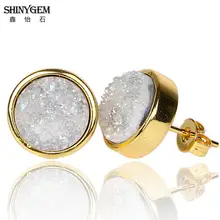 ShinyGem 10mm Круглый Агат Камень Серьги Multi-Цвета золото обшивки кристалл серьги гладкой Натуральный камень серьги для Для женщин