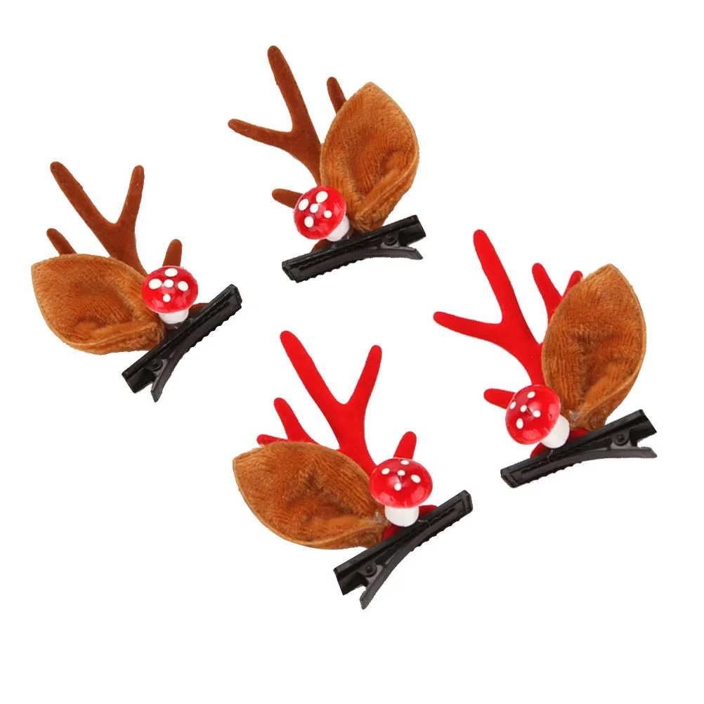 2 Pairs/ 4 Pcs Fashion Christmas XMAS Cute Hair Clips Deer Antlers Mushroom Faux Fur Ball Girls Women Hairpins Hair Accessories