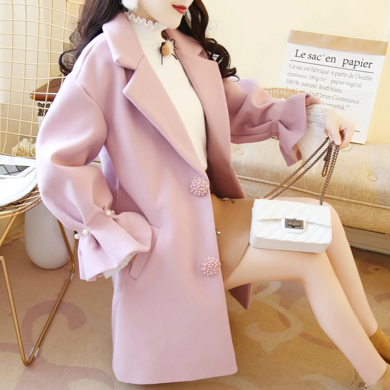 

HANZANGL Korean Version Wool Coat 2023 Winter Jacket Women Trumpet Sleeve Sweet Woolen Cashmere Coats Long Outwear