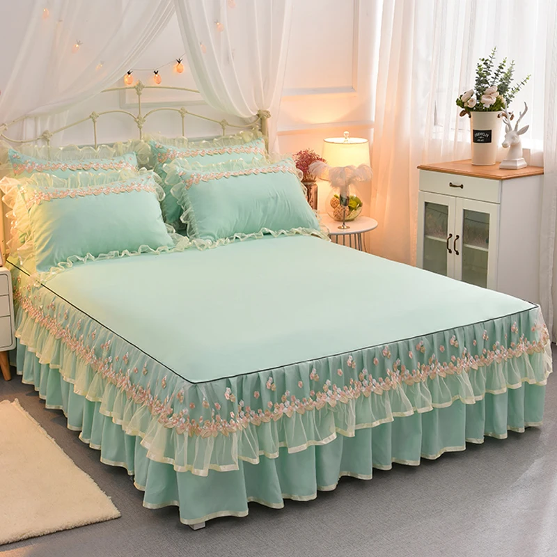 cheap Korean Lace Bed Set Pink King Queen Size Bedding Set Solid Bed Skirt Sheet Pillowcases for Girls Wedding Bedding Home Textile