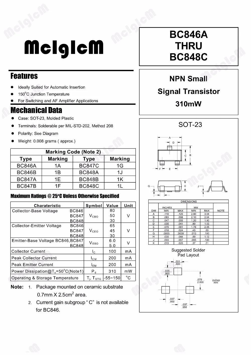 NEU 100 x Bipolartransistor/ BJT Single BC847C SOT-23 NPN 