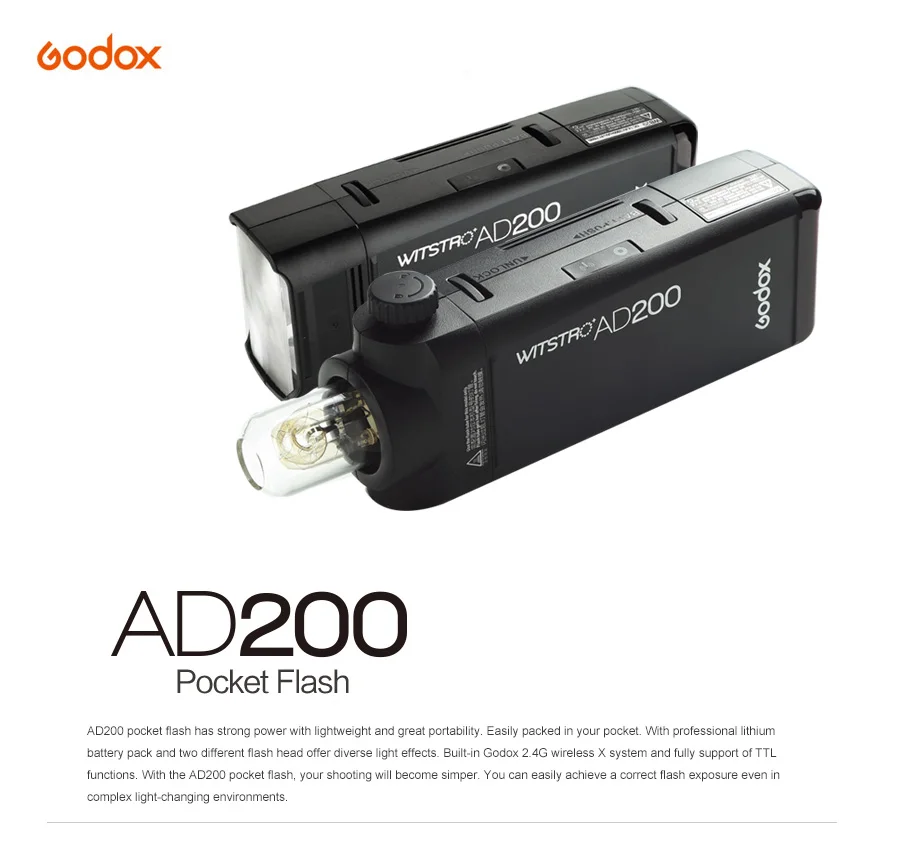 Godox AD200 200Ws 2,4G ttl со стробоскопической вспышкой 1/8000 HSS Беспроводная импульсного иои непрерывного света с EC200 1,85 м удаленно удлинитель для головок головка вспышки