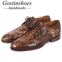 GOSTINSHOES HANDMADE Goodyear Welted Men Dress Shoes Oxfords Brown Genuine Snakeskin Pointed Toe Lace-up Formal Shoes Men SCF21