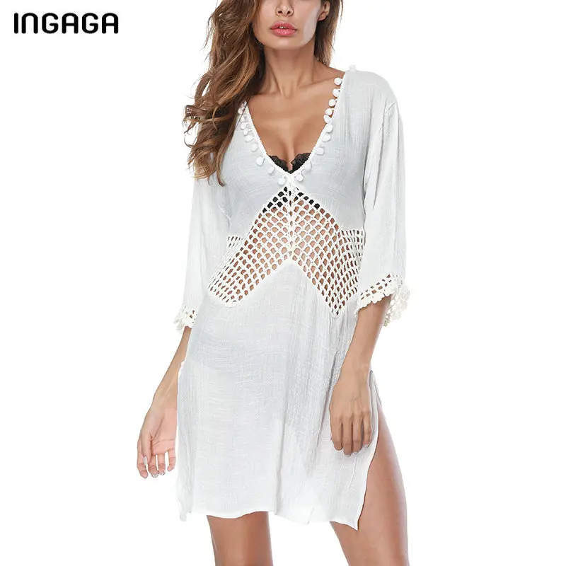 

INGAGA New 2019 Long Beach Dress Swimsuit Beachwear Cover Up Sexy Hollow Out Swimwear Women Solid V-neck Bathing Suits