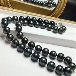 Потрясающий 12-13 ММ tahitian круглый черный зеленый жемчуг ожерелье 18 дюймов 925 s