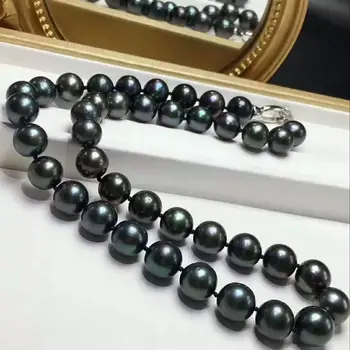 

stunning 12-13mm tahitian round black green pearl necklace 18inch 925s