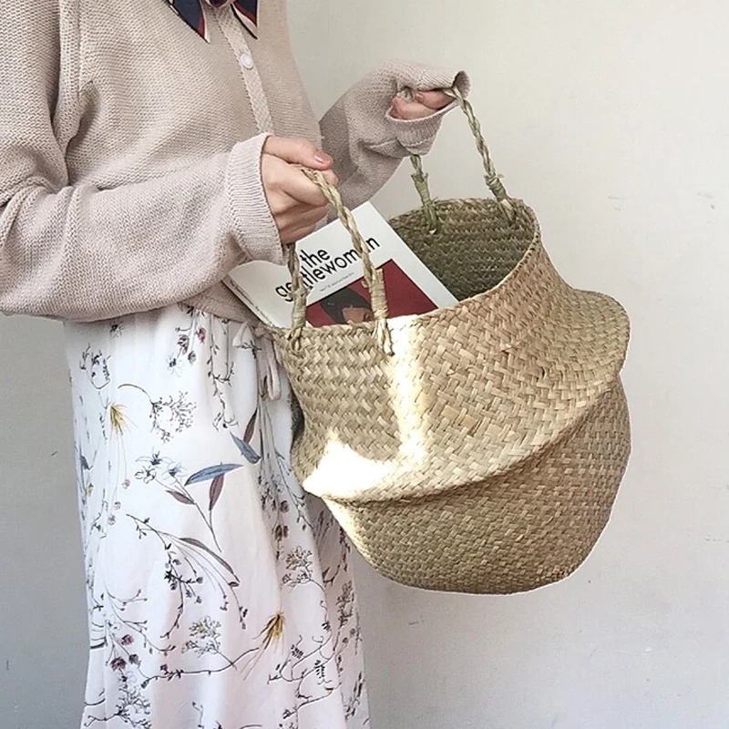 S/M/L الأعشاب البحرية القش سلة الروطان للطي إناء تعليق الزهور الغراس المنسوجة القذرة سلة الغسيل سلة التخزين المنزل ديكور