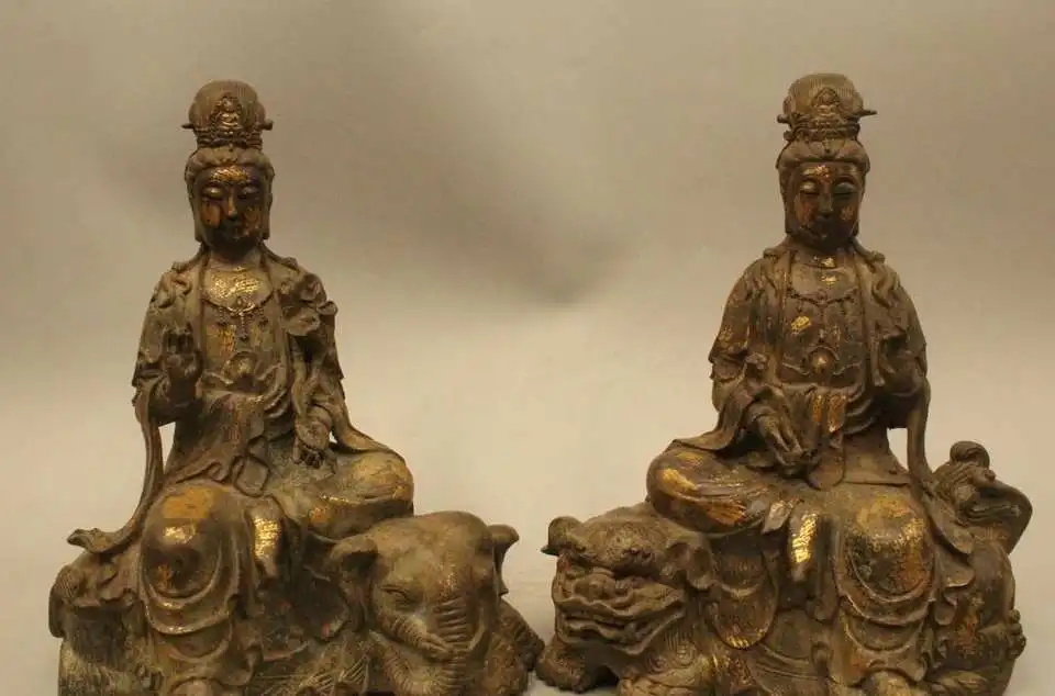 

11" Chinese China Bronze Gild Wenshu Puxian Guan Yin On Elephant Lion Statue