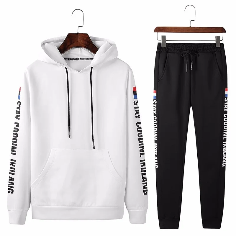Spring Tracksuit Men Hooded Patchwork Hoodie Set Male Letter Printed Mens Sweat Suit Hoody Autumn 2PCS Fitness Clothing 2019 New