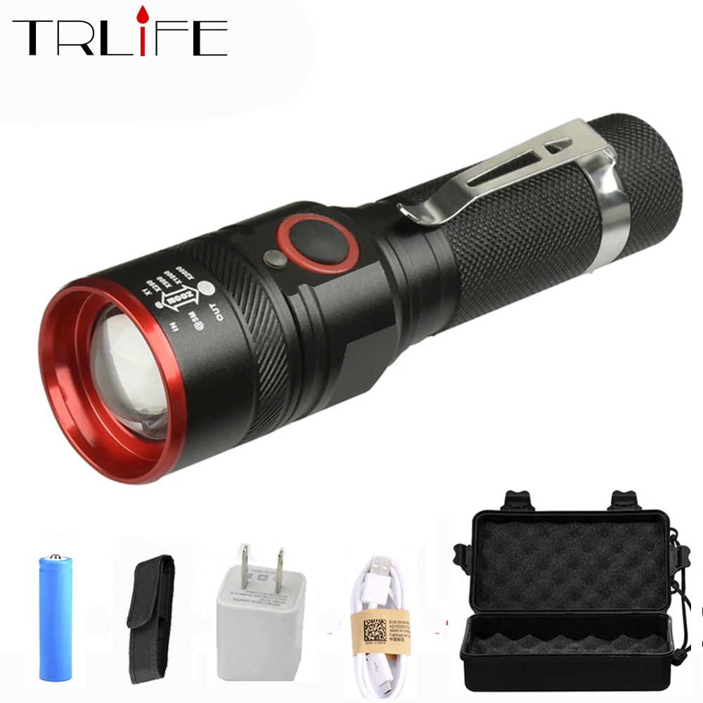 

USB Rechargeable 8000 Lumen Flashlights T6 Lamp Beads Led Flashlight Zoomable 3 Modes LED Torch for 18650 with USB Cable Camping