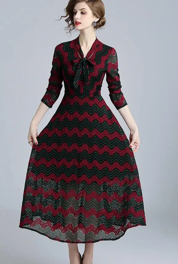 

High Quality 2018 Autumn New Arrival Leisure Bowknot V Collar StripeLong Sleeve Woman Long Lace Dress