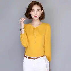 Для женщин Корейский Повседневное свободные Блузки для малышек с длинным рукавом Осень Шифоновая блузка рубашка элегантные женские топы