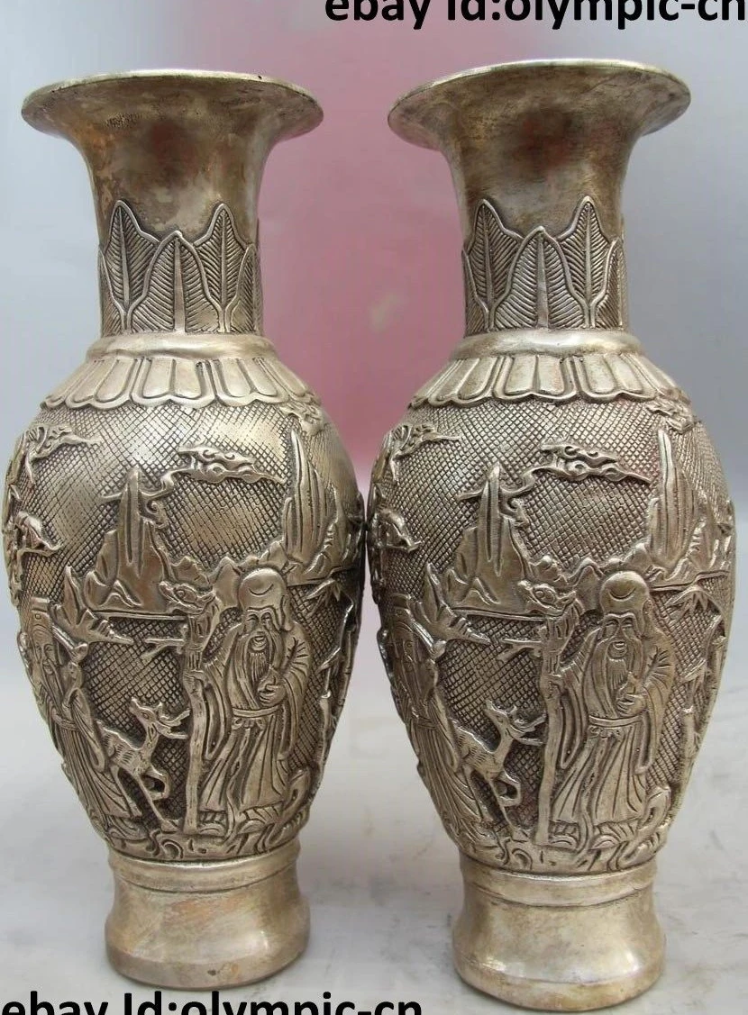 

China Tibet Silver Bamboo Peache Fu Lu Shou Buddha Bottle Pot Vase Pair Statue