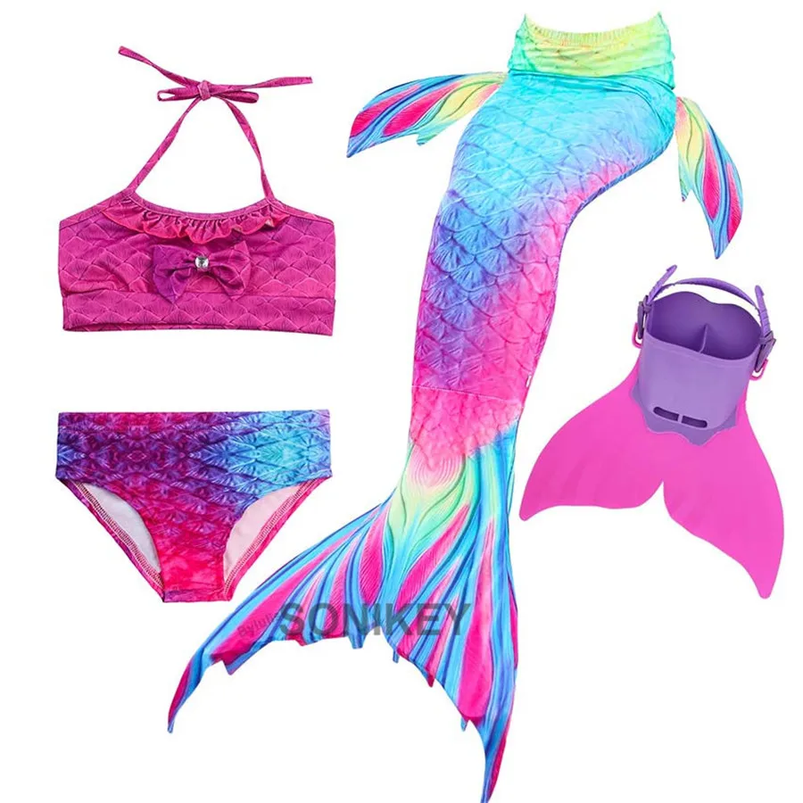 

4pcs/set Mermaid Tails for Swimming Girls with Monofin Costumes Children Kids Tail Mermaid Halloween Cosplay Swimsuit Bikini Set