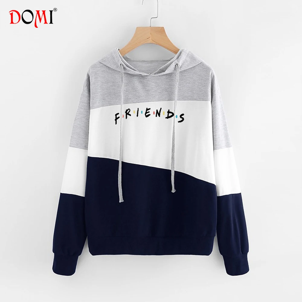 Printed Friends Letter Women Hoodies Sweatshirts DOMI New Autumn Girl Preppy Pullovers White Blue Hooded Patchwork Sweatshirt | Женская