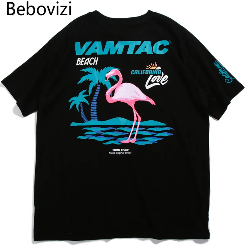 

Bebovizi Streetwear Hip Hop Flamingo Printed Tshirts 2019 Harajuku Fashion Style Cotton Back Print Short Sleeve T Shirts Men