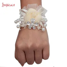 2 шт./лот цвета слоновой кости и марлевой розой бутоньерка на запястье для подружки невесты свадебные туфли с отделкой жемчугом и прозрачными стразами в виде Для женщин ручной свадебный браслет с цветочным принтом вечерние украшения X978-Z