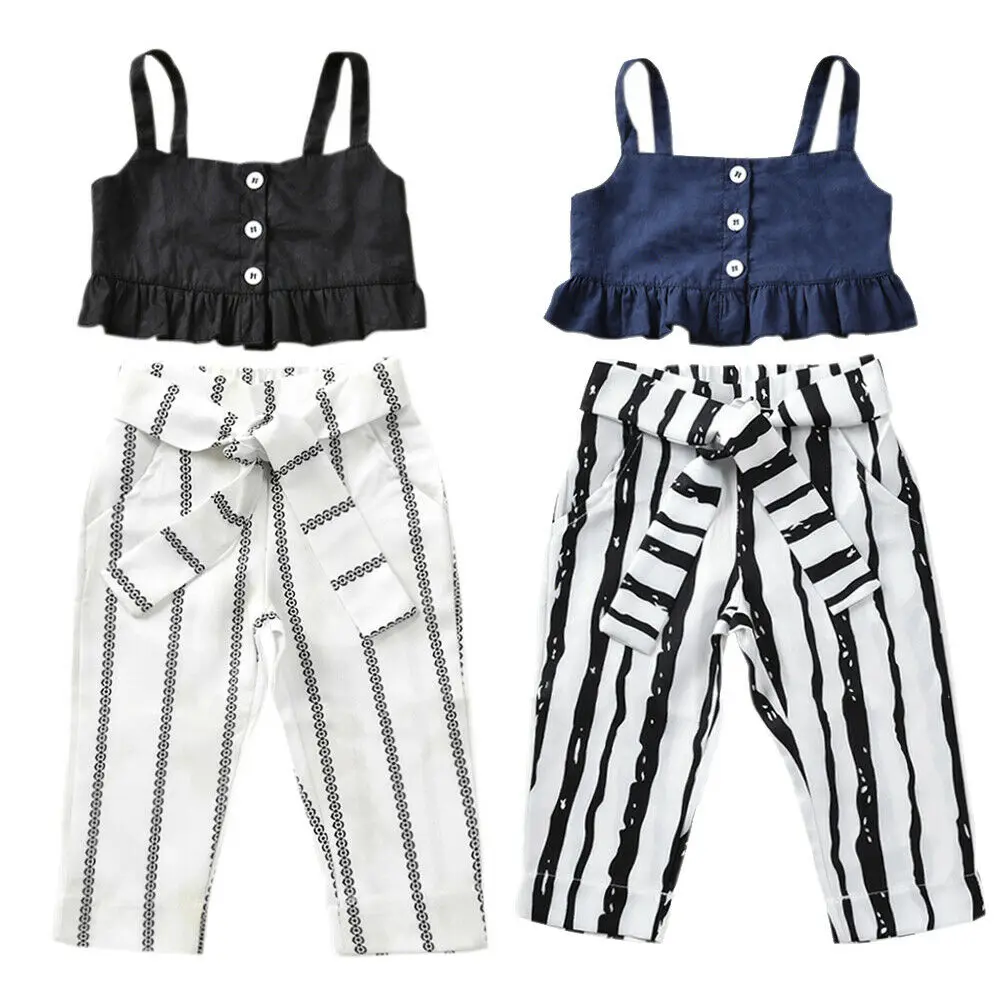US Toddler Kids Baby Girls Sling Sleeveless Tops Jeans Pants Sunsuit Outfit Sets