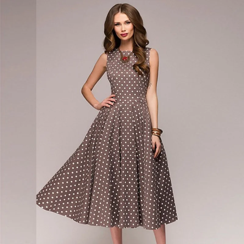 

2019 Women New Summer Sleeveless Tank White Red Polka Dot Print Dress O Neck Retro Vintage Dresses Tunic Party Vestidos De Festa