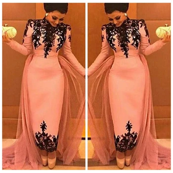 

2019 Elegant High Neck Black Lace Appliques Sheath Evening Dresses Dubai Middle East Formal Party Gowns Special Occasion Dress