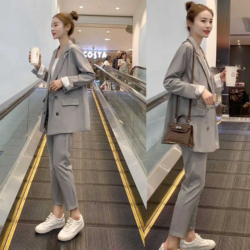 

Women Clothes Suit Female Spring and Autumn Solid Color Two-piece Gray Temperament Korean Casual Small Jacket Women Suit