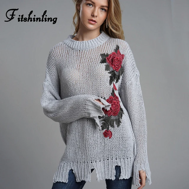 Fitshinling Embroidery flower sweaters fashion 2018 women clothing