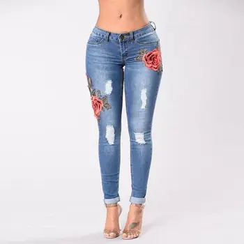 

US Skinny Jeans Women Flower Stretch Denim Pant Embroidered Girls Pencil Pants High Waist Skinny Trousers