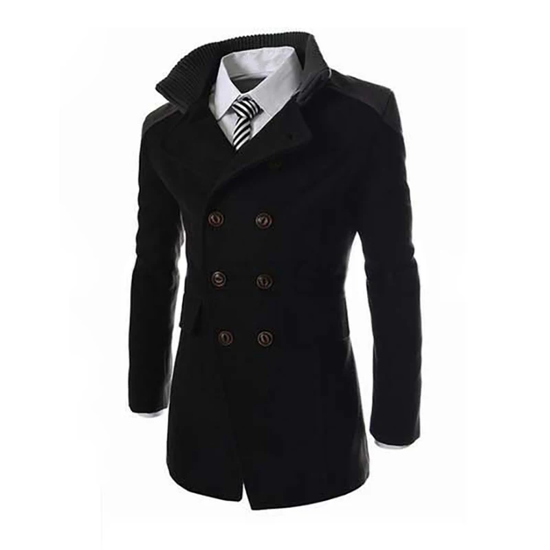 Мужские осенне-зимние куртки с воротником-стойкой, шерстяное двубортное пальто, верхняя одежда, толстое теплое пальто с карманами, большие размеры 3x - Цвет: Черный