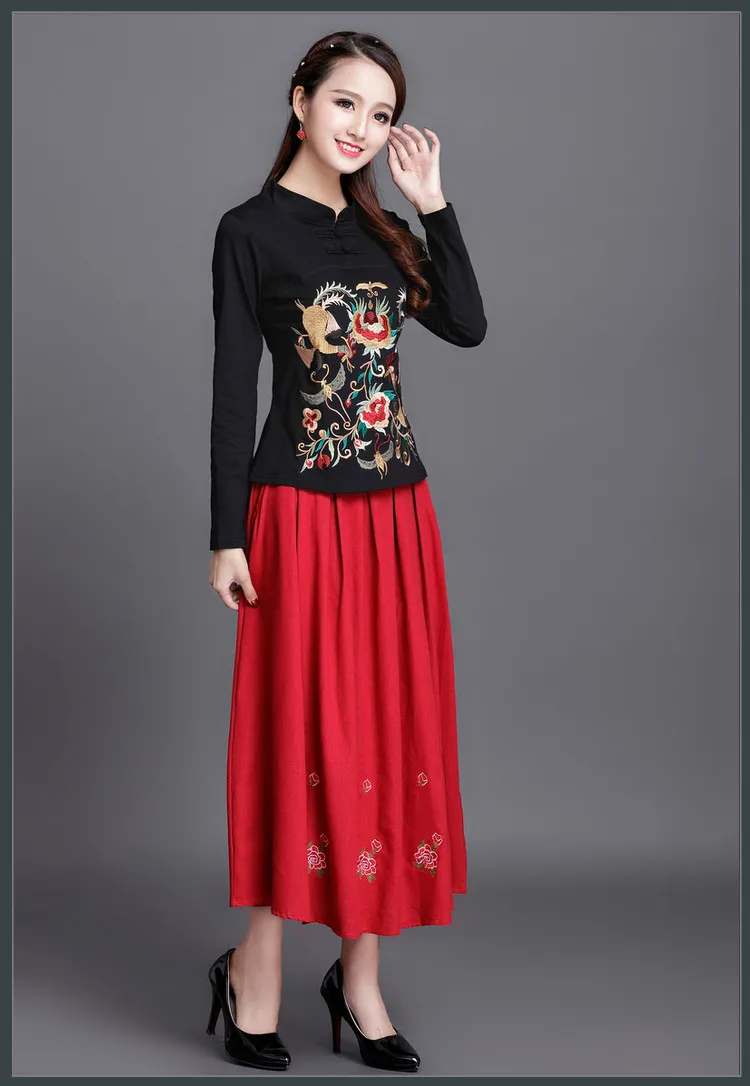 Китайская Этническая вышивка футболка с длинным рукавом женская элегантная стоячий воротник плюс размер 95% хлопок приталенные футболки женские топы