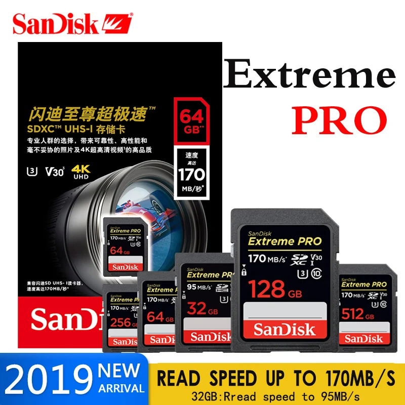

SanDisk Extreme Pro Memory Card SD Card 128gb 64GB 512GB 256GB speed up to 95MB/s memory sd card 32GB Class10 U3 4K For Camera